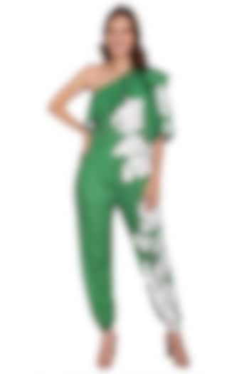 Green Terry Cotton & Polyester Printed Jumpsuit by IKI CHIC