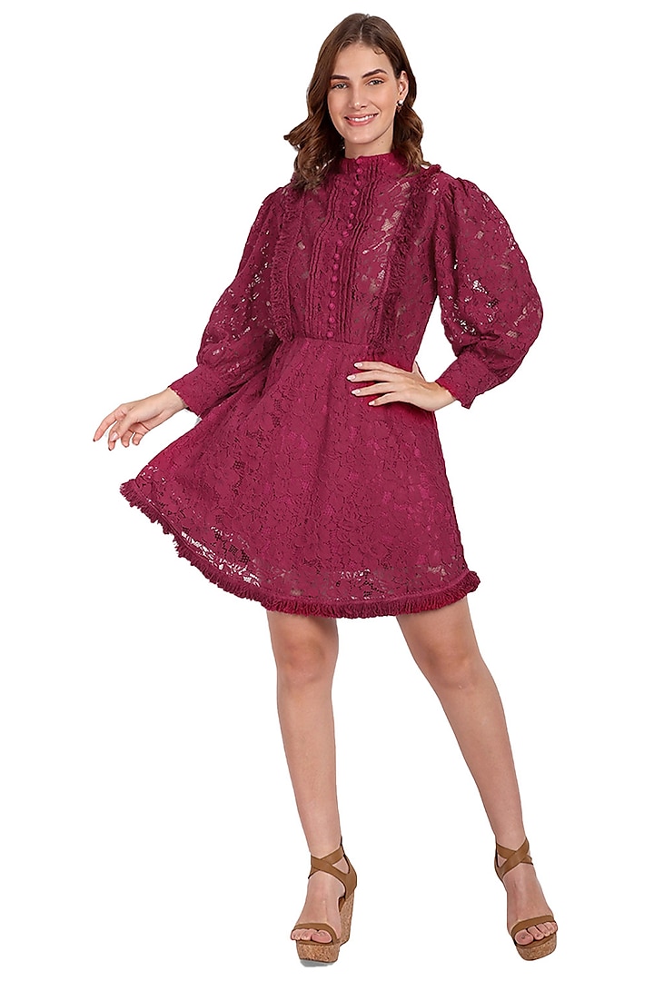 Magenta Cotton & Lace Skater Dress by IKI CHIC