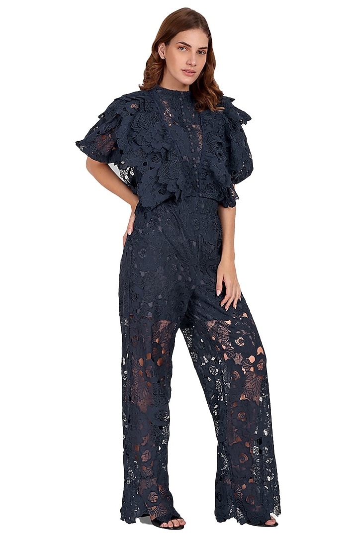 Blue Cotton & Lace Ruffled Jumpsuit by IKI CHIC
