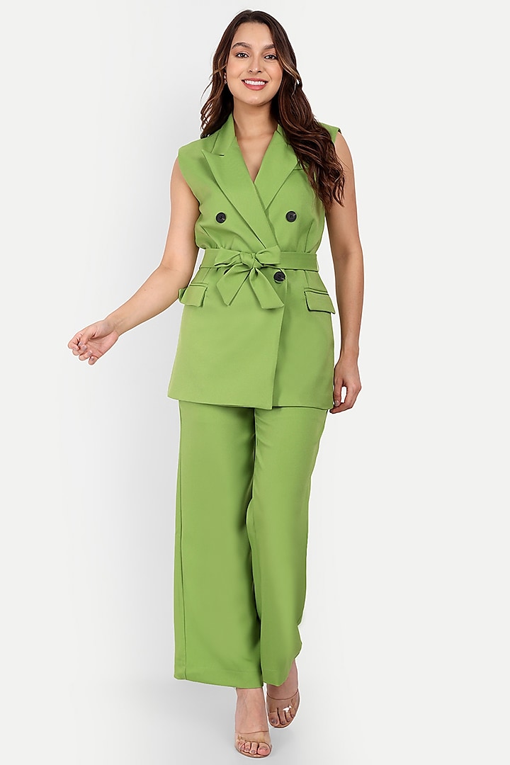 Green Cotton Polyester Blazer Set by IKI CHIC