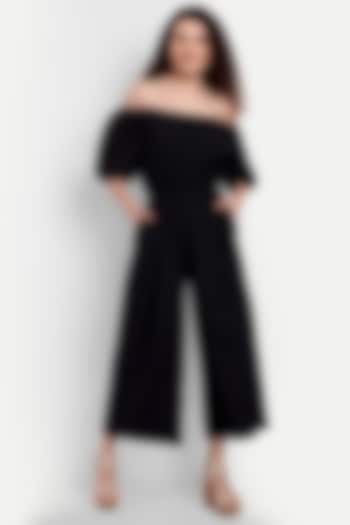 Black Cotton Polyester Wide-Legged Jumpsuit by IKI CHIC
