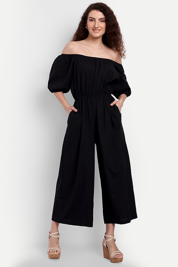 Black Cotton Polyester Wide-Legged Jumpsuit by IKI CHIC