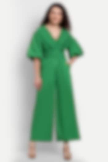 Green Cotton Polyester High-Waisted Jumpsuit by IKI CHIC