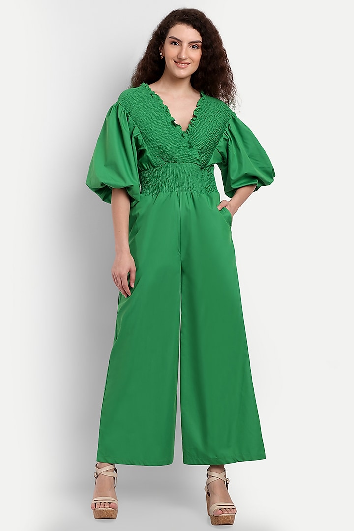 Green Cotton Polyester High-Waisted Jumpsuit by IKI CHIC
