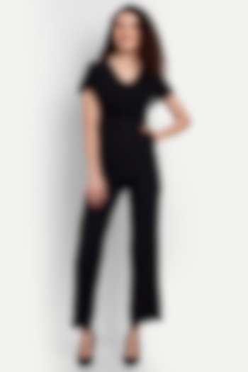Black Cotton Polyester High-Waisted Jumpsuit by IKI CHIC