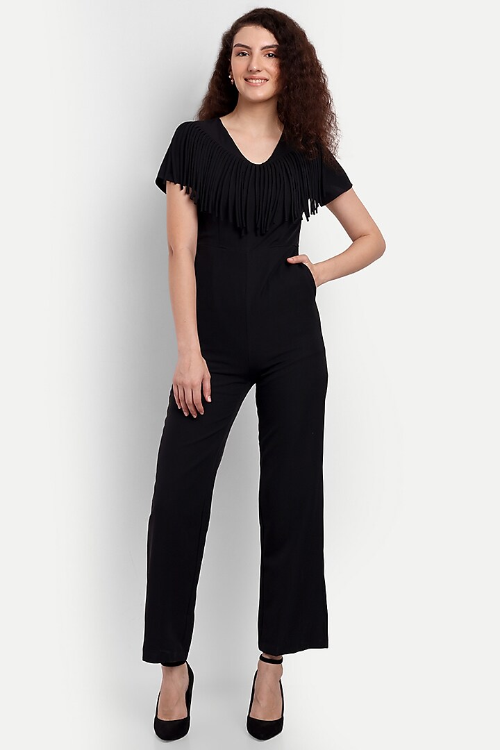 Black Cotton Polyester High-Waisted Jumpsuit by IKI CHIC