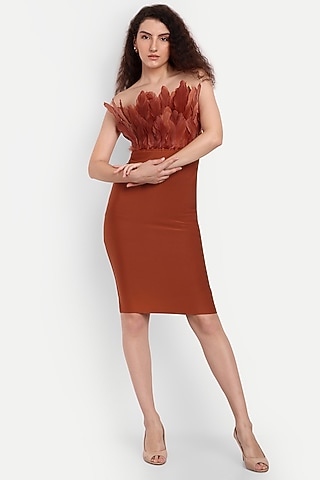 Brown Polyester Spandex Bodycon Midi Dress by IKI CHIC