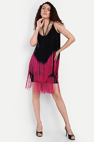 Black Polyester Spandex Bodycon Mini Dress by IKI CHIC