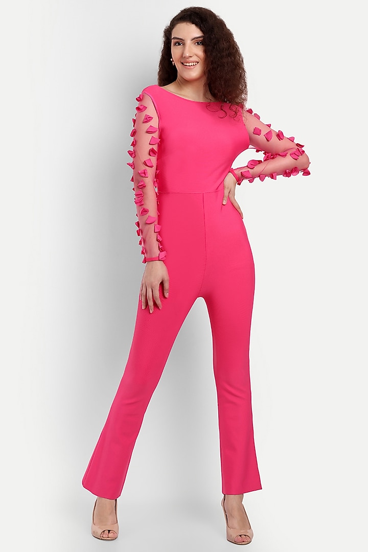 Pink Polyester Spandex Jumpsuit by IKI CHIC
