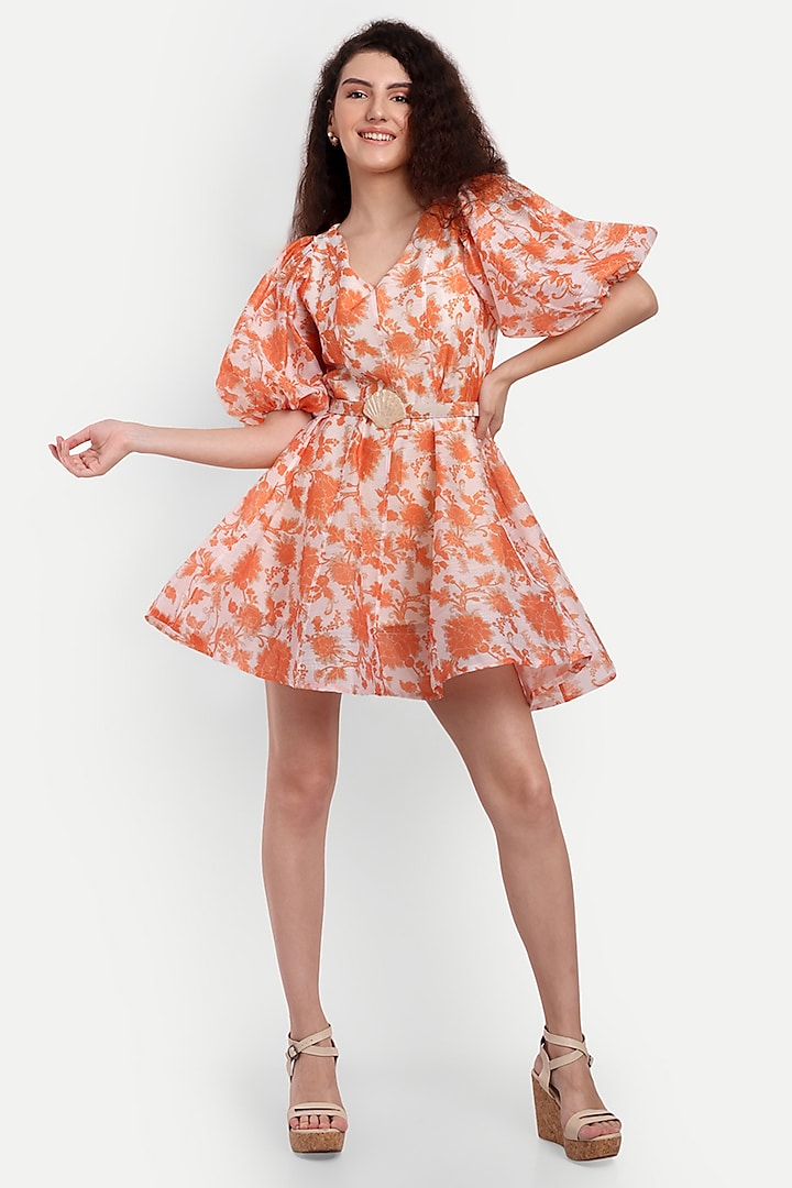 White & Orange Polyester Floral Printed Dress by IKI CHIC