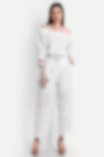 White Cotton Jumpsuit With Belt by IKI CHIC