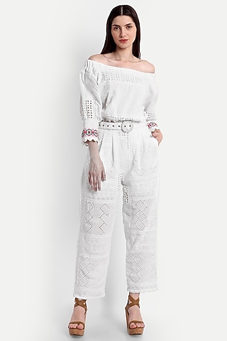 White Cotton Jumpsuit With Belt by IKI CHIC