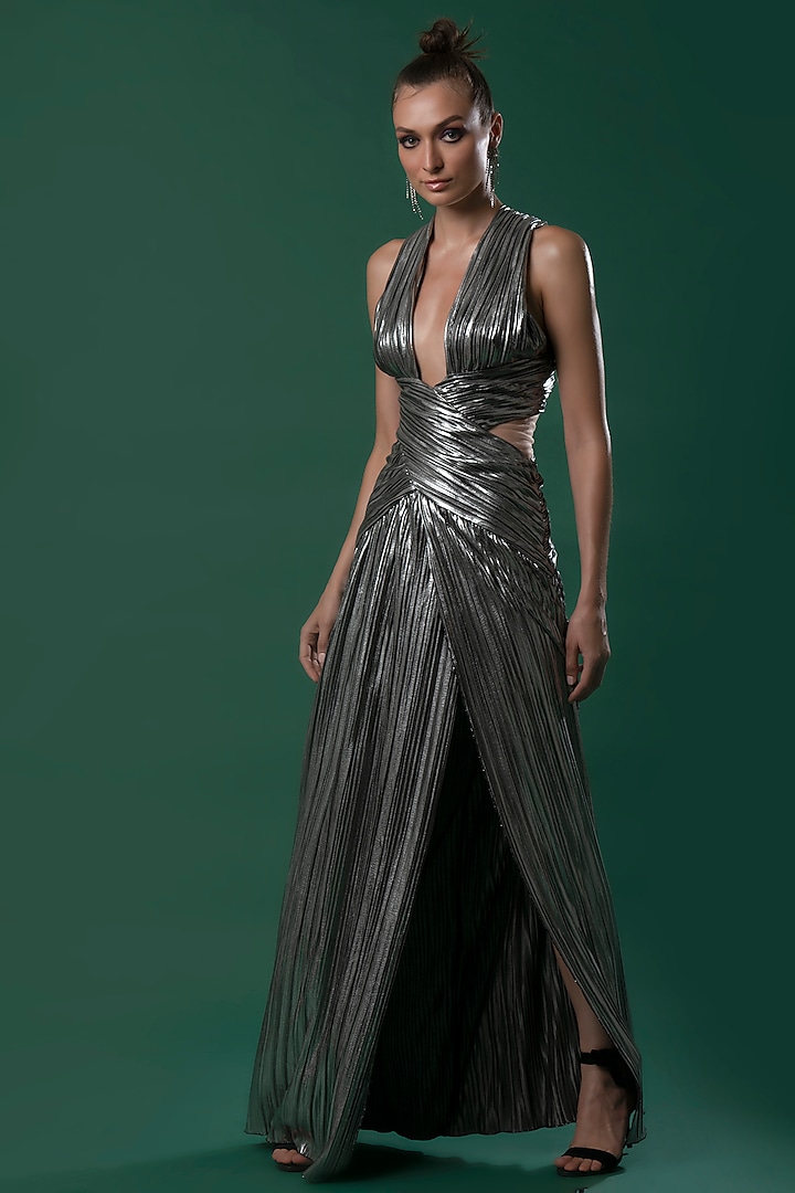 Silver Metallic Polyester Dress by IKI CHIC