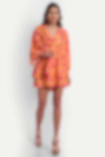 Orange Polyester Cotton Printed Mini Dress by IKI CHIC
