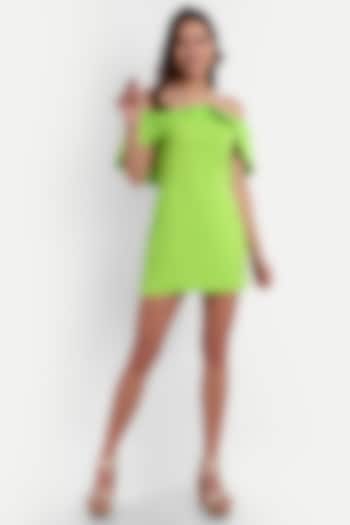 Green Polyester Mini Off-Shoulder Dress by IKI CHIC