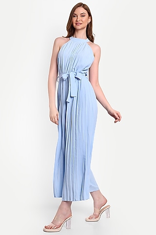 Light Blue Polyester Cotton Jumpsuit by IKI CHIC