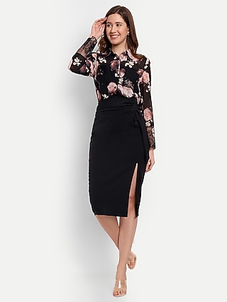 Black Polyester Cotton Skirt Set by IKI CHIC