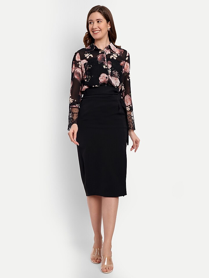 Black Polyester Cotton Skirt Set by IKI CHIC at Pernia's Pop Up Shop