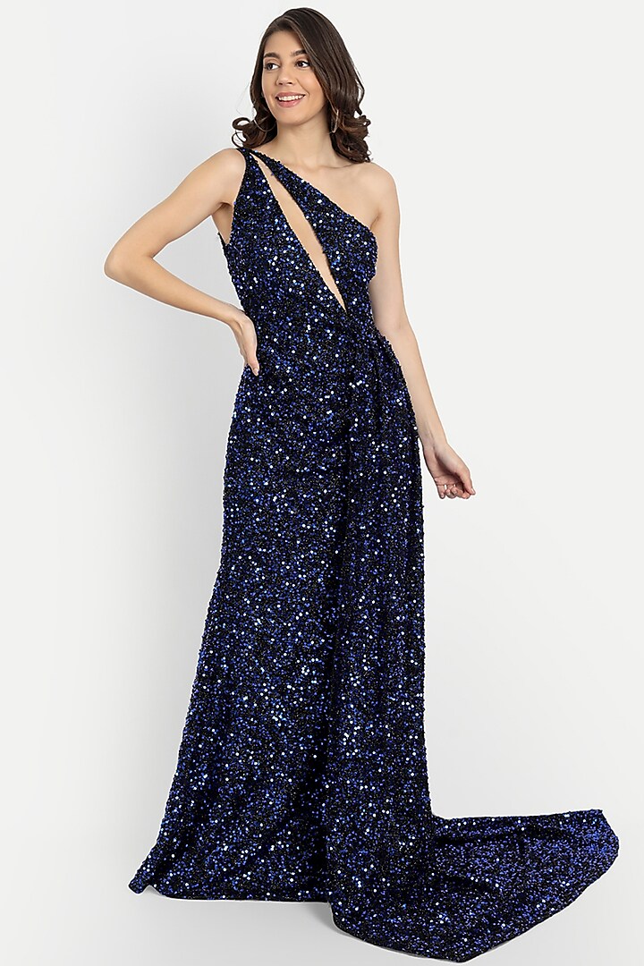 Navy Blue Embroidered Gown by IKI CHIC