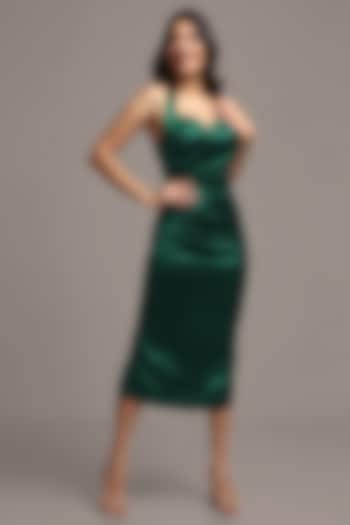 Green Satin Bodycon Midi Dress by IKI CHIC
