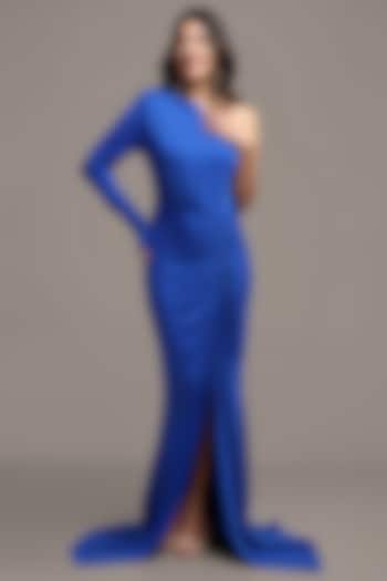 Blue Polyester Spandex One-Shoulder Maxi Summer Dress by IKI CHIC at Pernia's Pop Up Shop