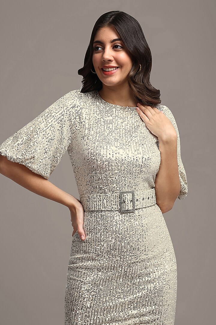 Silver Polyester Spandex Sequins Mini Summer Dress With Belt by IKI CHIC at Pernia's Pop Up Shop