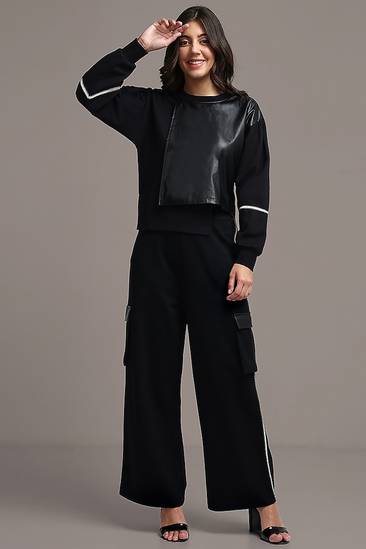 Black Cotton Polyester & PU Leather Co-Ord Set by IKI CHIC
