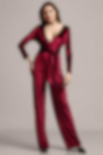 Wine Red Polyester & Velvet Jumpsuit by IKI CHIC at Pernia's Pop Up Shop