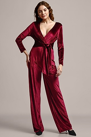 Wine Red Polyester & Velvet Jumpsuit by IKI CHIC