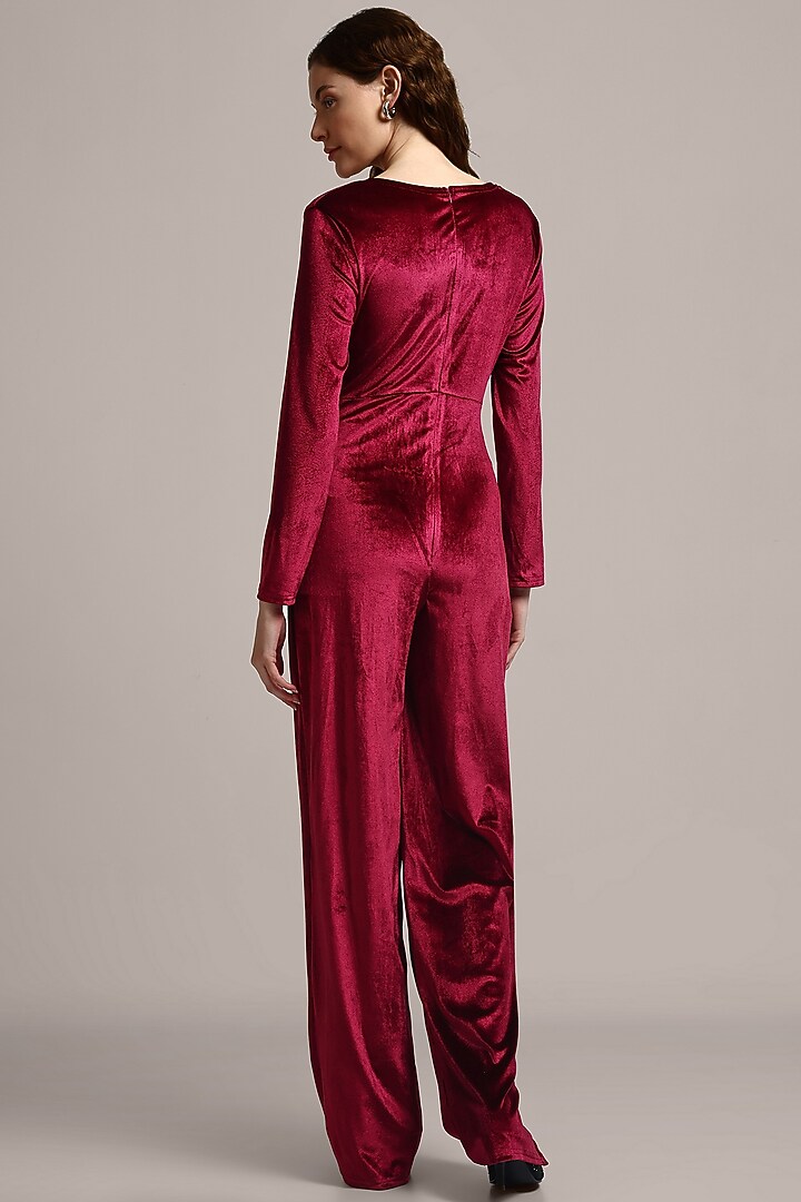 Wine Red Polyester & Velvet Jumpsuit by IKI CHIC at Pernia's Pop Up Shop