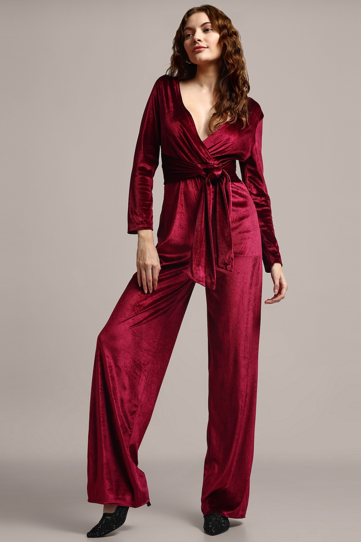 Wine Red Polyester Velvet Jumpsuit by IKI CHIC at Pernia's Pop Up Shop
