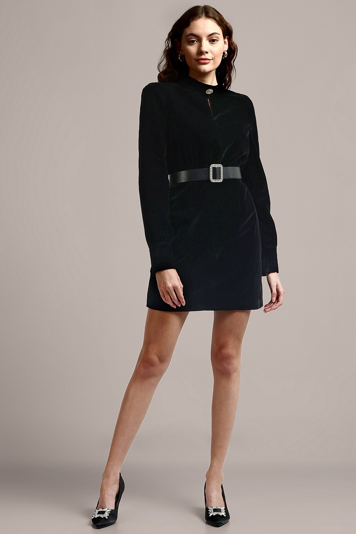 Black Cotton & Velvet Mini Dress by IKI CHIC at Pernia
