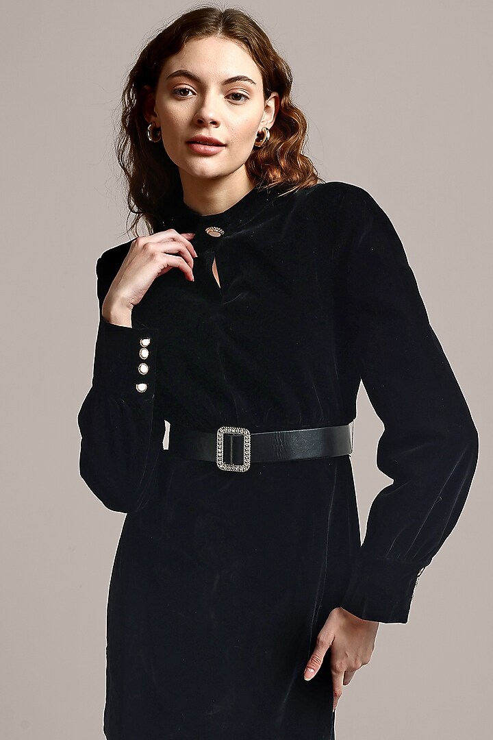 Black Cotton & Velvet Mini Dress by IKI CHIC at Pernia