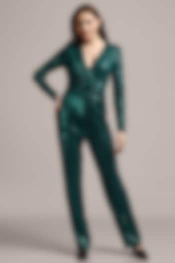 Green Nylon Net Sequins Embellished Jumpsuit by IKI CHIC