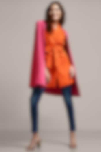 Orange & Pink Polyester Color Blocked Layered Blazer by IKI CHIC