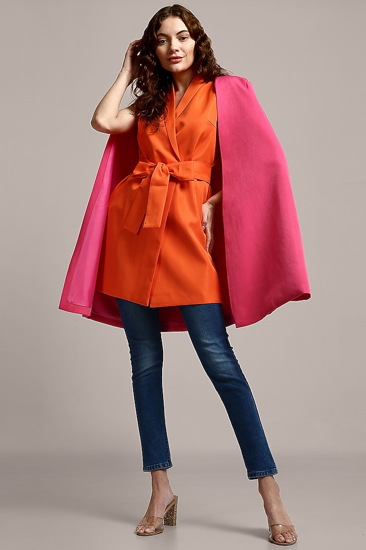 Orange & Pink Polyester Color Blocked Layered Blazer by IKI CHIC at Pernia's Pop Up Shop