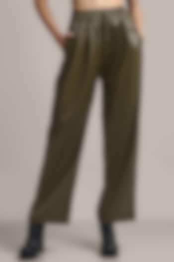 Olive Green Faux Leather Trousers by IKI CHIC