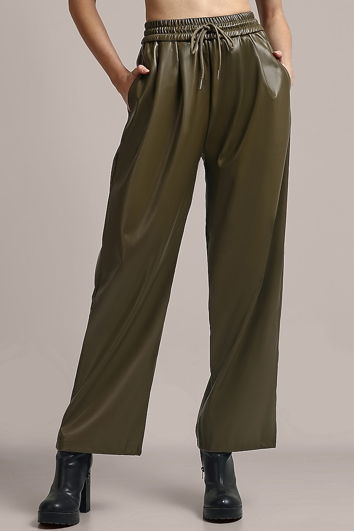 Olive Green Faux Leather Trousers by IKI CHIC