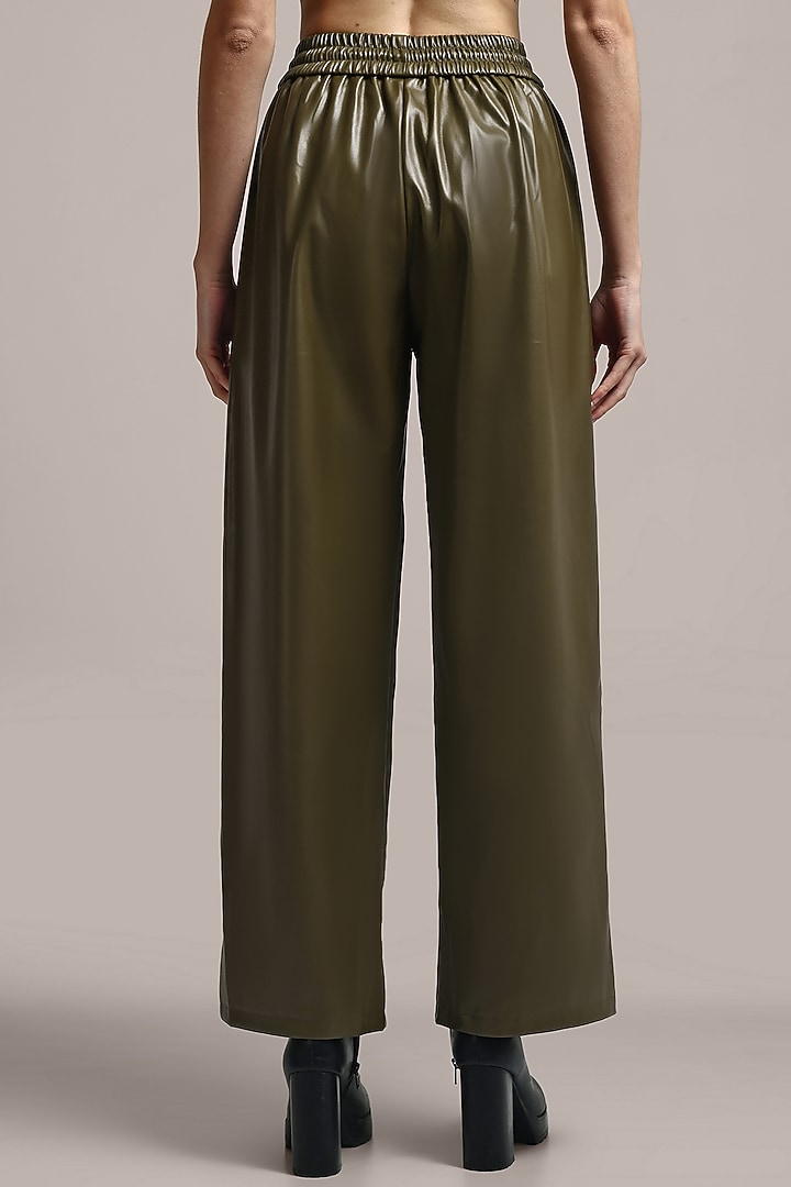 Olive Green Faux Leather Trousers by IKI CHIC at Pernia's Pop Up Shop