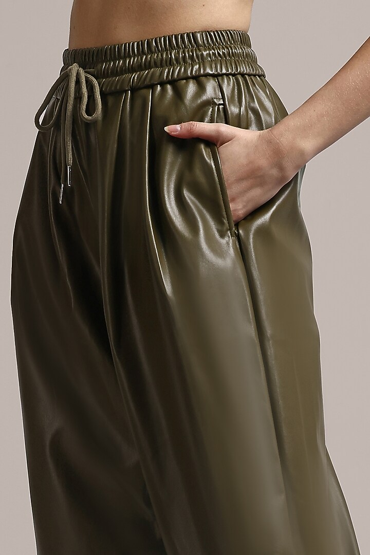 Olive Green Faux Leather Trousers by IKI CHIC at Pernia's Pop Up Shop