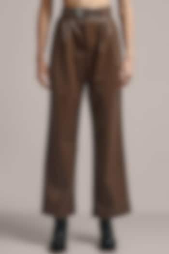 Brown Faux Leather Trousers by IKI CHIC