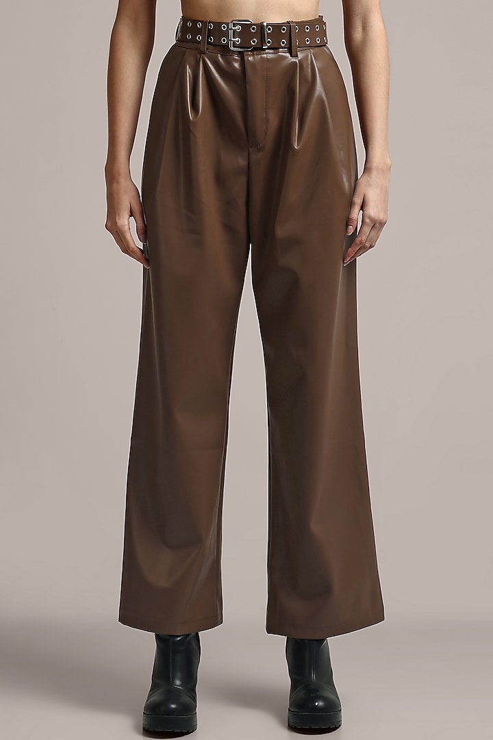 Brown Faux Leather Trousers by IKI CHIC