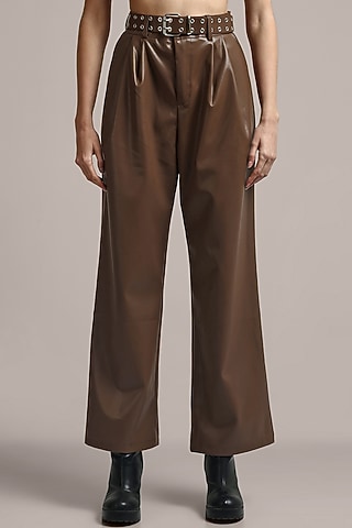 Brown Faux Leather Trousers by IKI CHIC