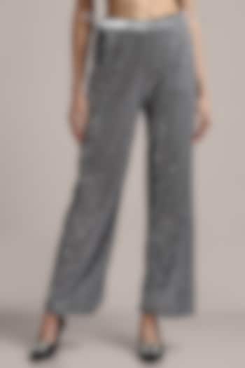 Silver-Grey Nylon Net Sequins Embellished Pants by IKI CHIC
