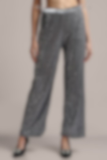 Silver-Grey Nylon Net Sequins Embellished Pants by IKI CHIC