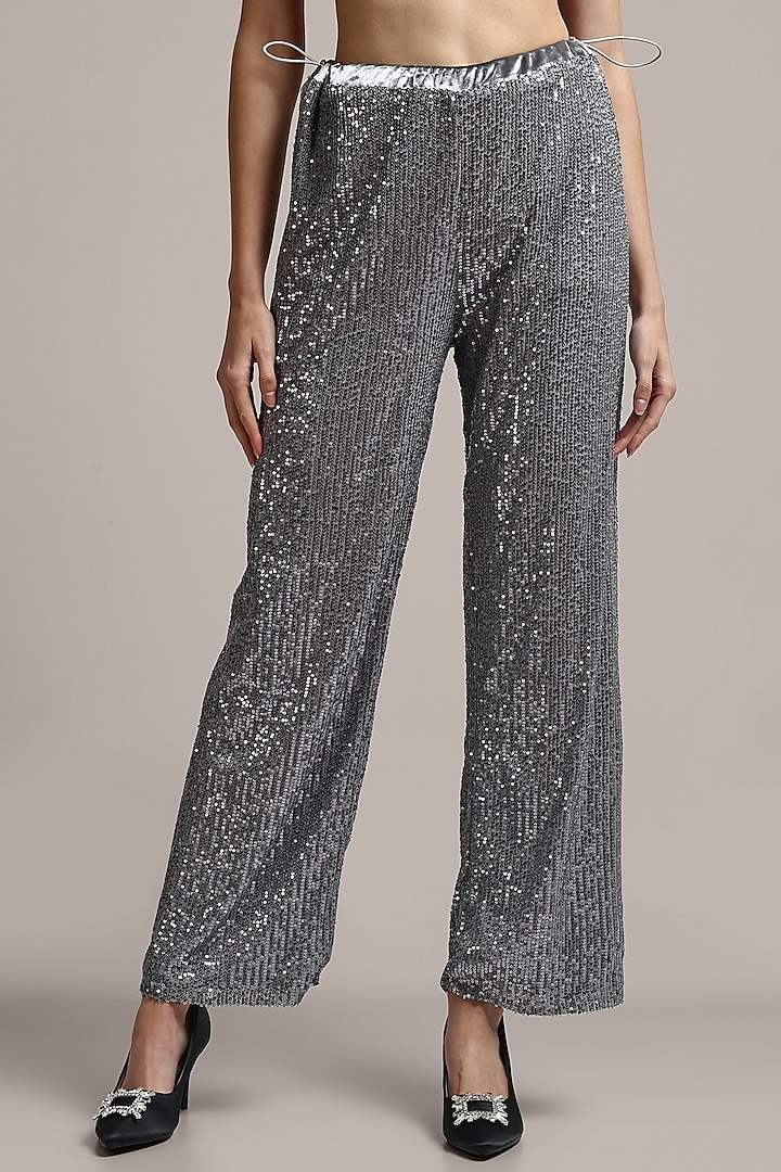Silver-Grey Nylon Net Sequins Embellished Pants by IKI CHIC
