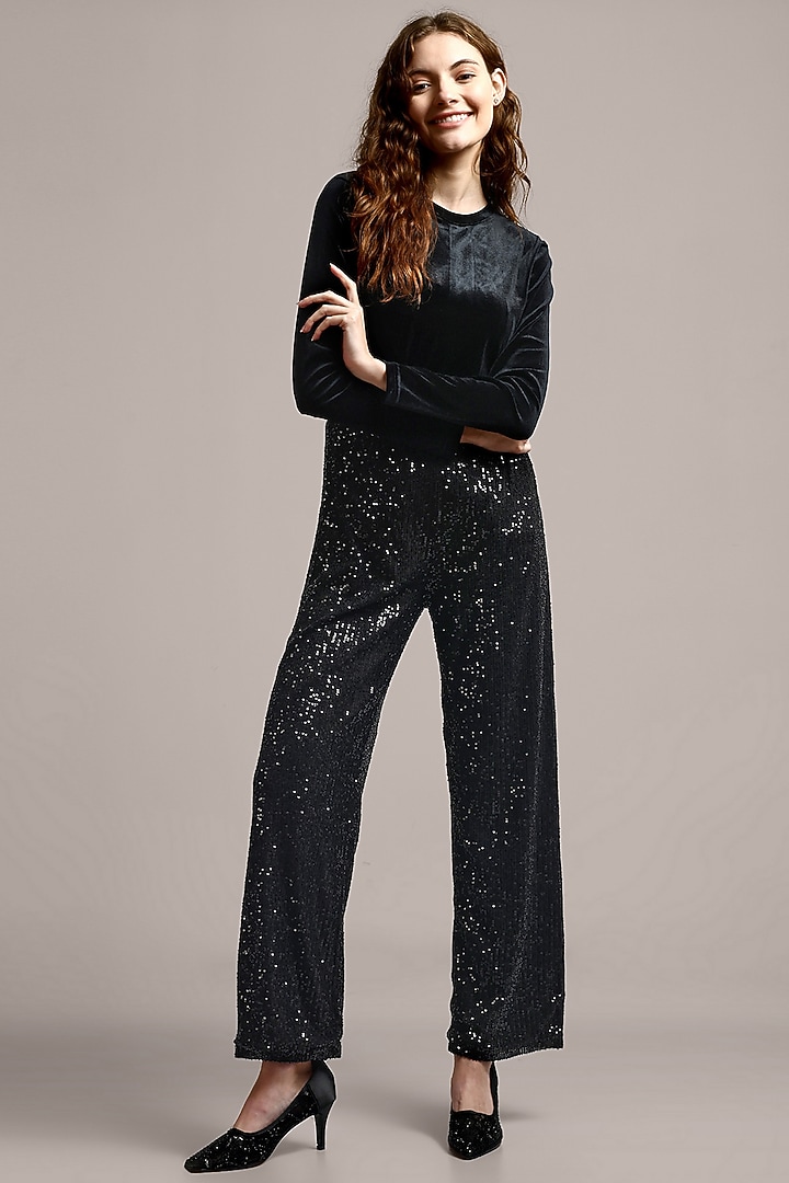 Black Nylon Net Sequins Embellished Pants by IKI CHIC at Pernia's Pop Up Shop