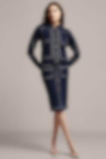 Navy Blue Cotton Wool Skirt Set by IKI CHIC