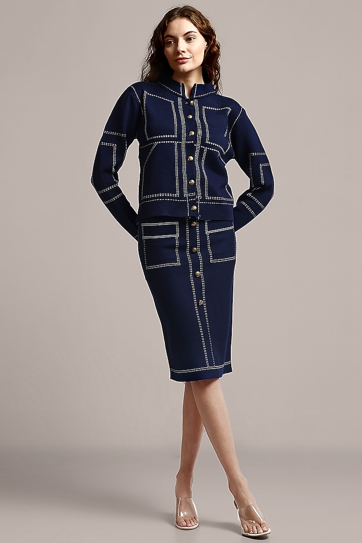 Navy Blue Cotton Wool Skirt Set by IKI CHIC