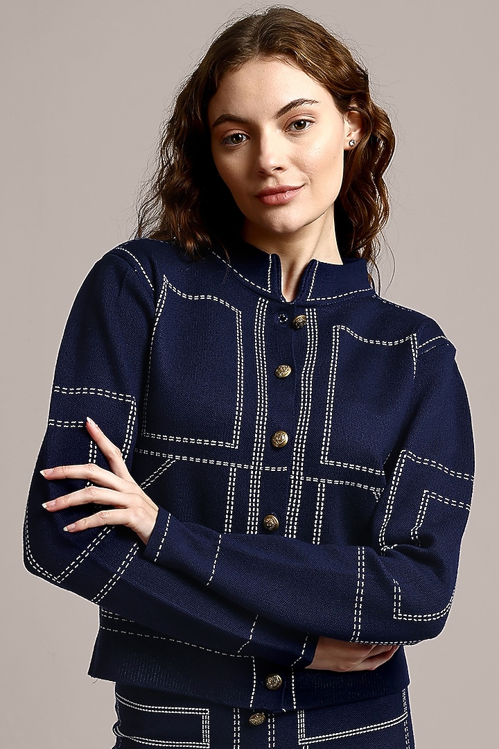 Navy Blue Cotton Wool Skirt Set by IKI CHIC at Pernia's Pop Up Shop